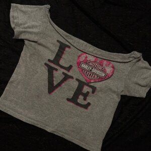 “love harley davidson” off the shoulder cropped tee